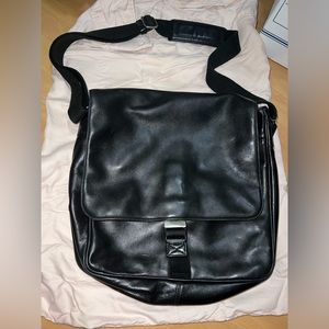 Coach Leather Messenger Bag, Black Leather, canvas strap. thick and sturdy bag